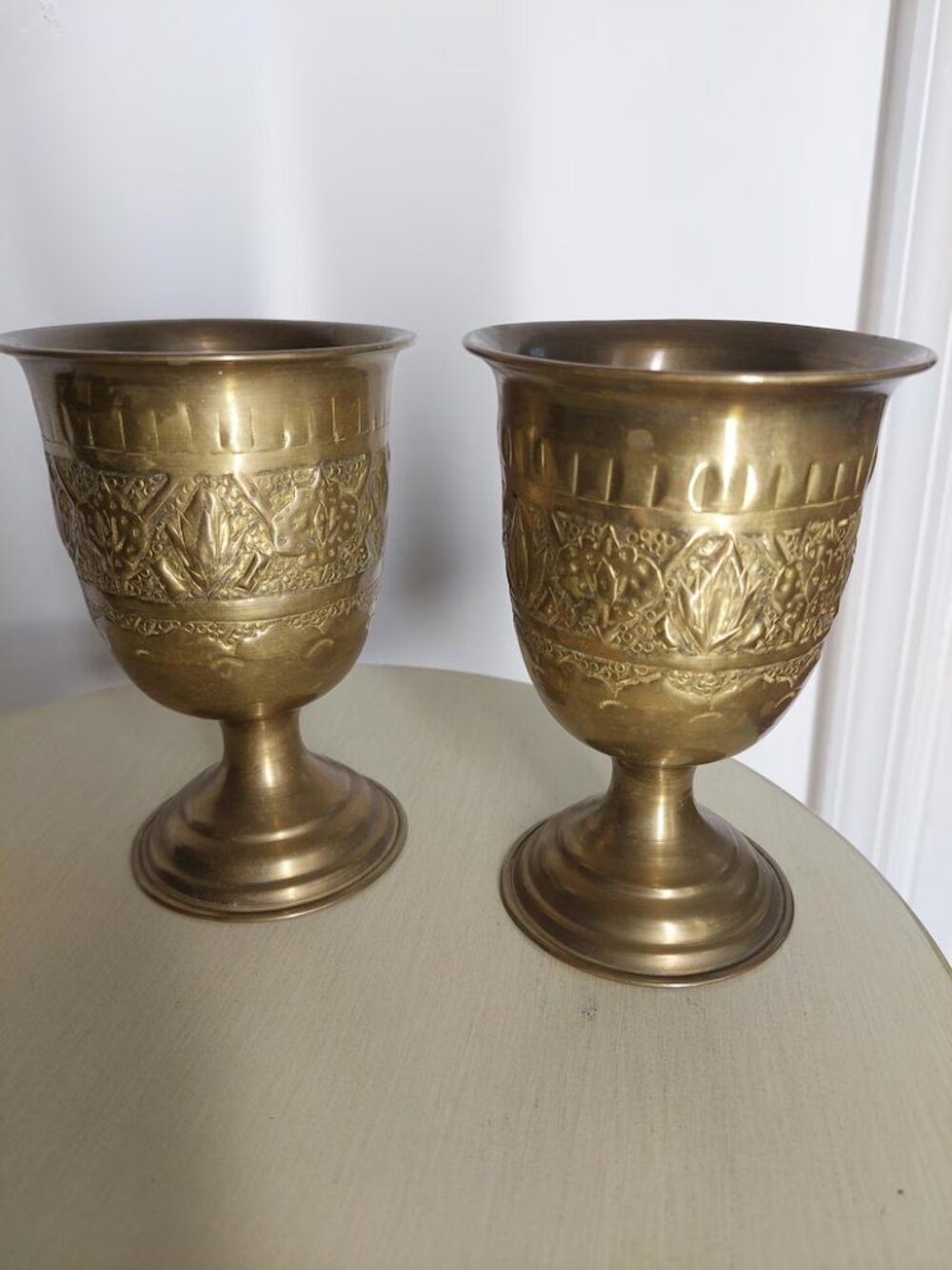 Vintage Brass Pedestal Urns Pair, Embossed Floral Brass Vases, Decorative Goblet